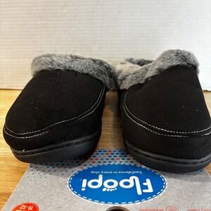 Floopi Slipper Women XL 11-12 Black Faux Fur Memory Foam Indoor Outdoor Clog